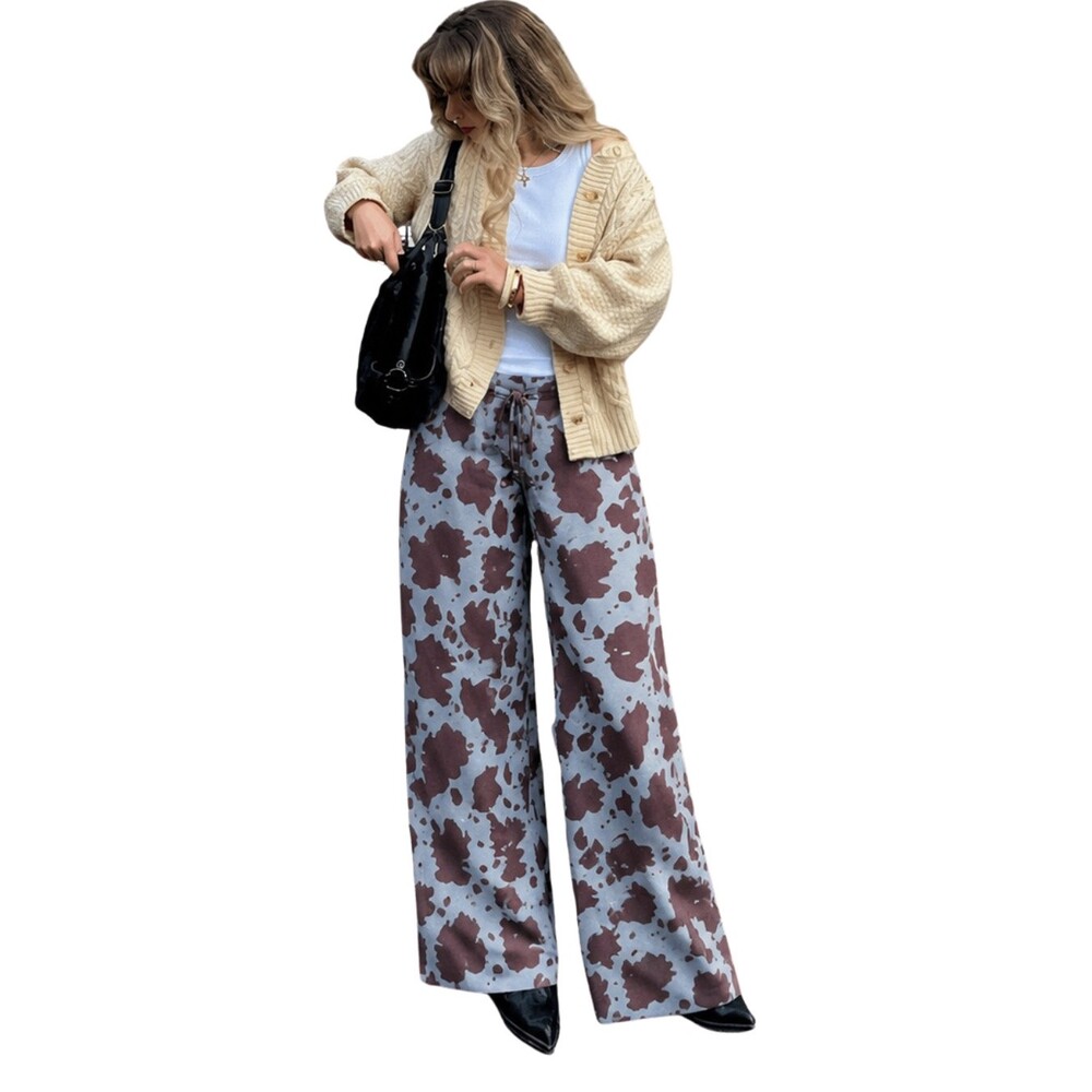 Cow Printed Relaxed Wide Leg Pants Large Coastal Cowgirl Western Americana